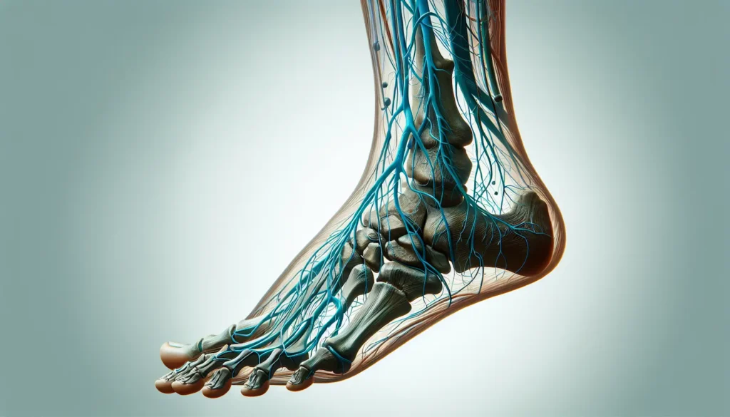 A detailed image of a human foot and leg, emphasizing the veins to illustrate vascular anatomy.