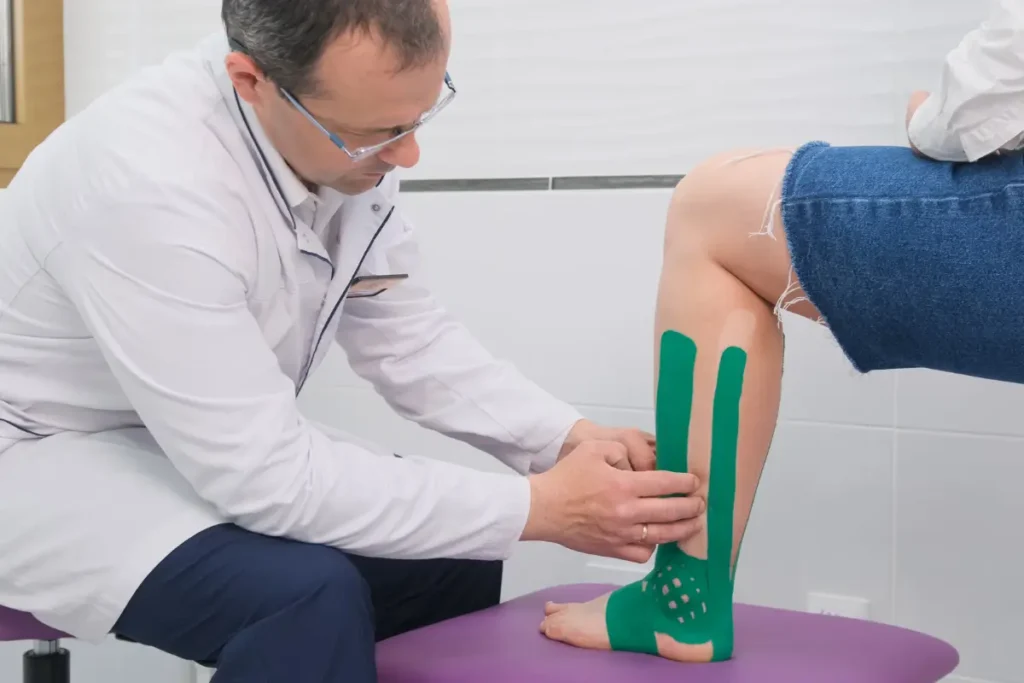 doctor examining a torn ligament in ankle with green KT tape